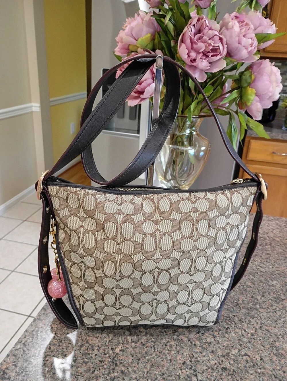 Coach Khaki and Brown Signature Canvas Shoulder Bag